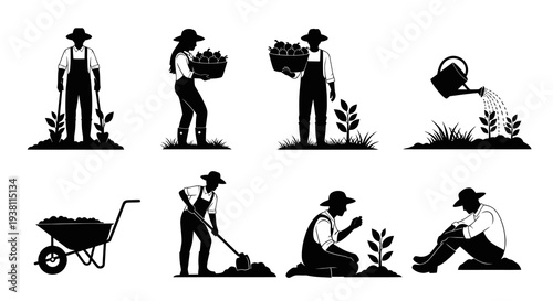 Black and white farmer icons, gardening, farming, agriculture, illustrations