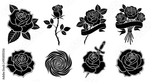 Black and White Rose Illustrations for Tattoo or Design
