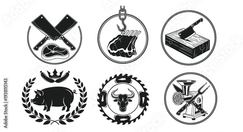 Black and White Butcher Shop Icons with Meat and Tools