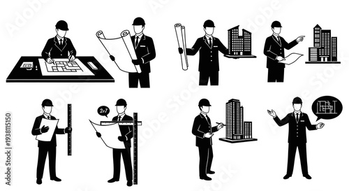 Black and white glyph icons of architects designing buildings