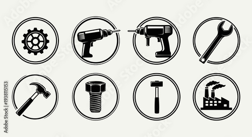 Black  White Icons Set: Tools, Gear, Factory, Wrenches, Drills