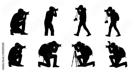 Black and White Silhouettes of Photographers with Cameras, Vector Art