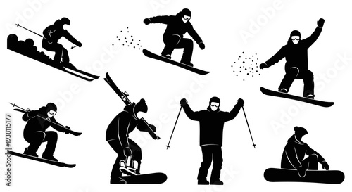 Black  White Silhouettes of Snowboarders and Skiers