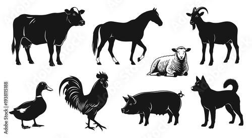 Farm Animals Silhouette Vector - Cow, Horse, Pig, Chicken, Duck, Sheep, Goat, Dog