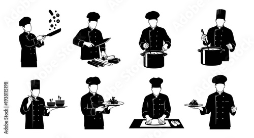 Chef Cooking Icons Set Black and White Line Art Glyph