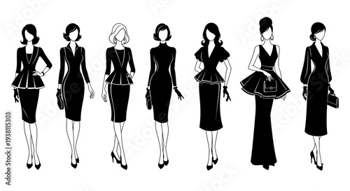 Black  White Line Art Fashionable Women in Elegant Dresses