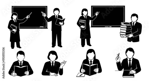 Education Icons: Teachers, Students, Books, and Blackboards