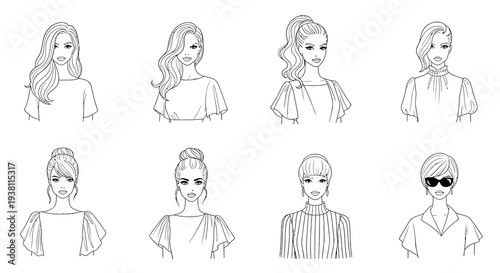 Fashionable Woman Portraits, Black and White Line Art Vector Collection