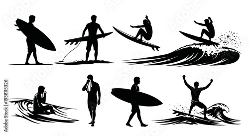 Black  White Silhouettes of Surfers Riding Waves and Holding Boards