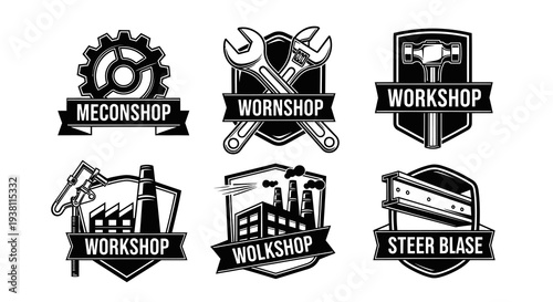 Black  White Workshop Logos with Tools, Industry, and Steel Beams