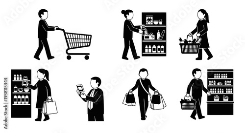 Black and White Icons of People Shopping in a Supermarket