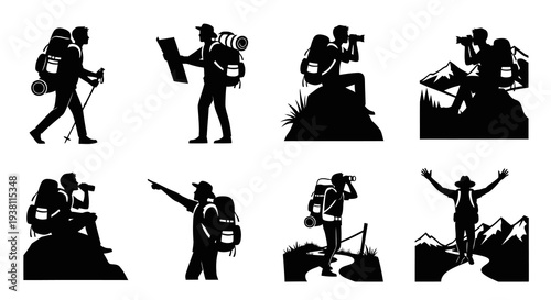Black  White Vector Icons of Hikers with Backpacks and Cameras