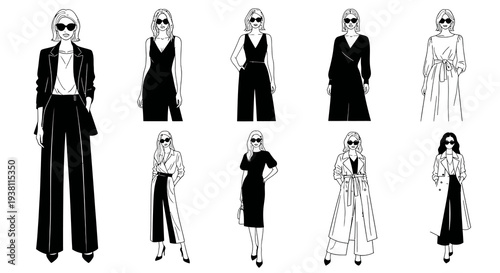 Black and White Fashion Vector Line Art - Diverse Female Outfits
