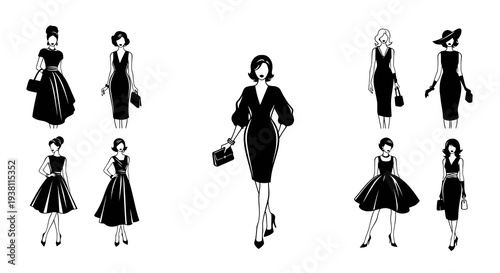 Black and White Line Art Fashionable Women in Dresses