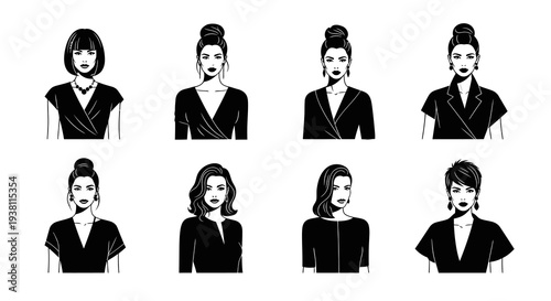 Black and White Fashionable Women Vector Art with Different Hairstyles