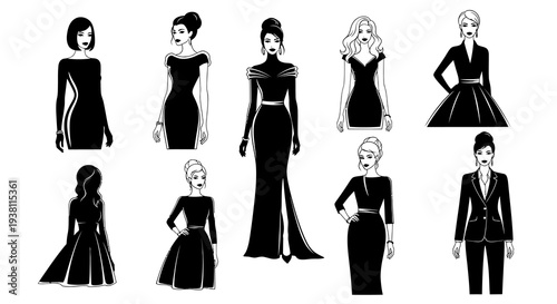 Fashionable Women Silhouettes Black Dresses Vector Art