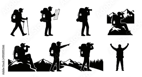 Silhouette Set of Hikers and Backpackers in Various Poses