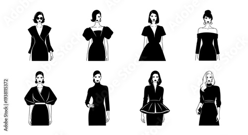Fashion Illustration: 8 Women in Black Dresses, Line Art Style