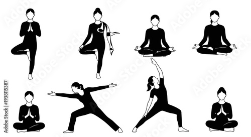 Black  White Yoga Poses Vector Illustration - Healthy Lifestyle Icon
