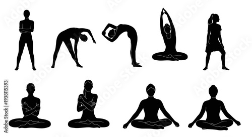 Black Silhouette Yoga Poses for Health and Wellness, Flat Design