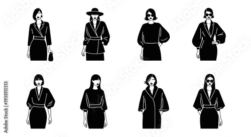 Black and white vector illustration of fashion models in stylish outfits