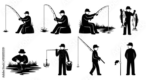 Fishing Icons: Man Sitting, Holding Fish, Gear, Activities, Black  White Glyph