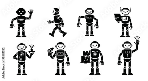 Black and white robots in various actions, technology glyph icons