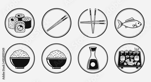 Japanese Food Icons: Sushi, Rice, Fish, Soy Sauce, Chopsticks, Line Art