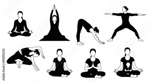 Black and white yoga poses and meditation in line art style