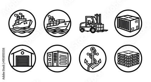 Set of Logistics and Shipping Icons: Ships, Forklift, Warehouse, Container