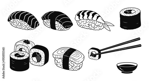 Black and White Line Art Sushi Set Vector Illustration