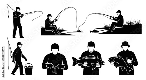 Black and White Fishing Icons: Fishermen with Rods and Caught Fish