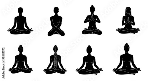 Black Silhouettes of Yoga Poses on White Background, Meditation Icons