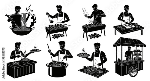 Black  White Food Stall Cooking and Preparation Vector Icons