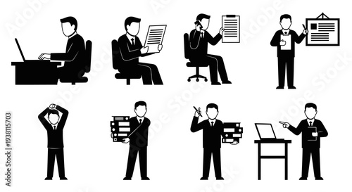 Business People Icons: Office Work, Meetings, Presentations, Silhouettes