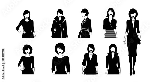 Black and white silhouettes of fashionable women in business attire