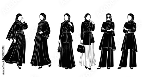 Black  White Line Art Islamic Fashion Models Poses