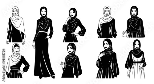 Black and White Line Art of Muslim Women in Hijab