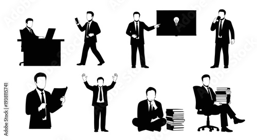Business Silhouette Icons: Diverse Professionals in Action, Vector Art