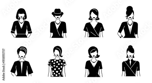 Elegant Women Black  White Glyph Icons Set Fashion Business