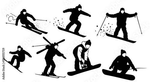 Black and White Silhouettes of Skiers and Snowboarders on White Background