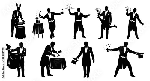 Magician Silhouettes: Performance, Tricks, and Illusions in Black and White