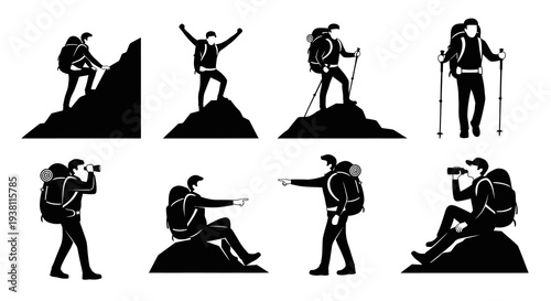 Black  White Hikers with Backpacks Climbing Mountains Icon Set