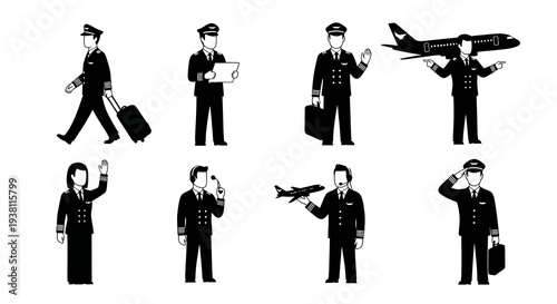 Black and White Icons of Pilots in Various Poses with Aircraft