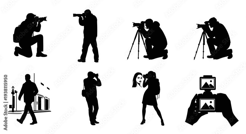 Fototapeta premium Black White Silhouette Vector of Photographers with Cameras, Technology