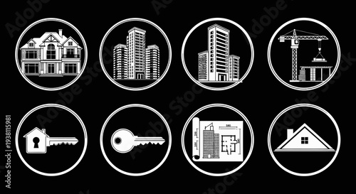 Real Estate Icons: House, Buildings, Keys, Crane, Blueprint, Roof