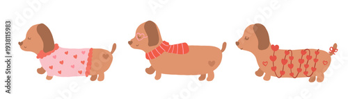 Cute dachshund valentine dog cartoon puppy heart pattern pink sweater red scarf dog illustration kawaii animal long body pet art Cute dachshund