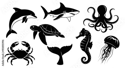 Black  White Silhouette Vector Icons of Marine Life