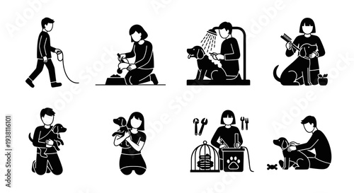 Dog Care Icons - Grooming, Walking, Playing, Training, Vet, Pet Services