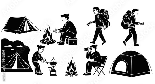 Black  White Camping Icon Set: Tents, Campfire, Backpackers, Cooking